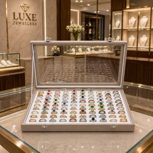 Luxury Rose Gold Leatherette Glass-Lid Ring Box for 100 Rings