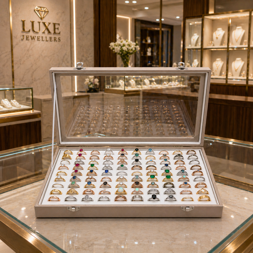 Luxury Rose Gold Leatherette Glass-Lid Ring Box for 100 Rings, product shown against a coloured background