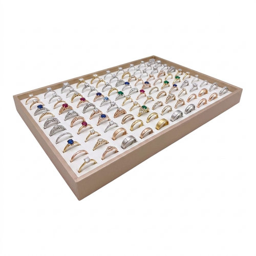 Luxury Rose Gold Jewelry Drawer Organizer 100-Grid Beige Velvet Insert, product shown on a white background, brightly lit product image