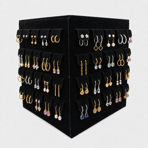 Black Velvet Rotating Earring Stand Wooden 80 Pair Jewellery Display Holder, product shown against a light background