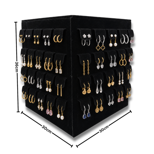 Black Velvet Rotating Earring Stand Wooden 80 Pair Jewellery Display Holder, close product view on a white background