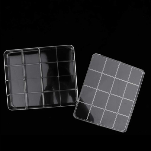 Clear Acrylic 16 Compartment Jewellery Nail Art Storage Box with Lid, close product view against a dark background