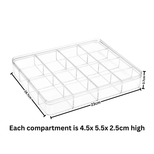 Clear Acrylic 16 Compartment Jewellery Nail Art Storage Box with Lid, product shown on a white background, standard product photograph