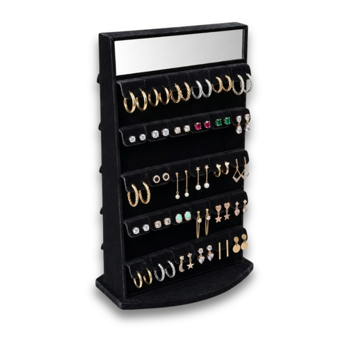 Black Velvet 60 Pair Rotating Earring Stand with Mirror 2 Sided Display