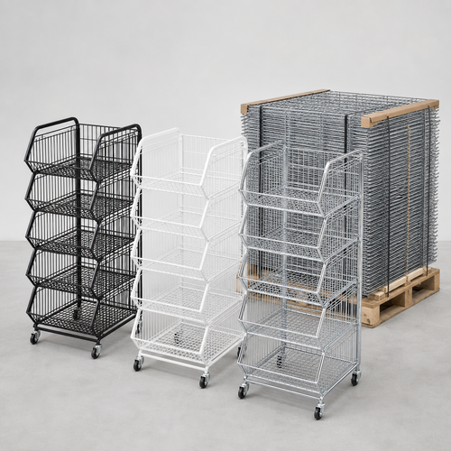 Pallet of 60cm Stackable Wire Baskets – Black, White or Zinc
