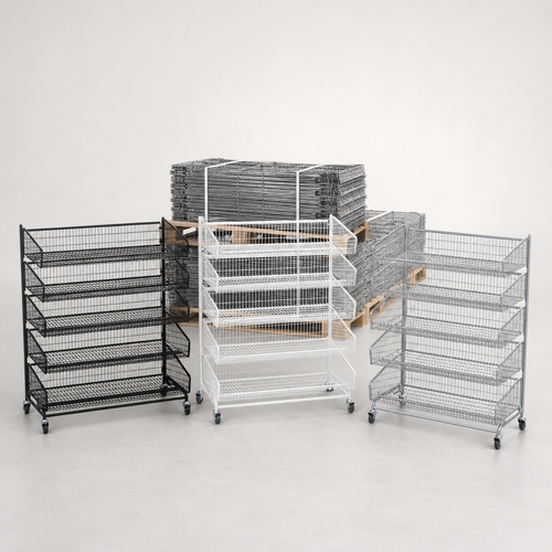 Pallet of 100cm Stackable Wire Baskets – Black, White or Zinc