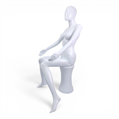 White Seated Female Mannequin with 45cm Stool and Movable Arms