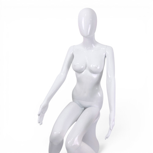 White Seated Female Mannequin with 45cm Stool and Movable Arms