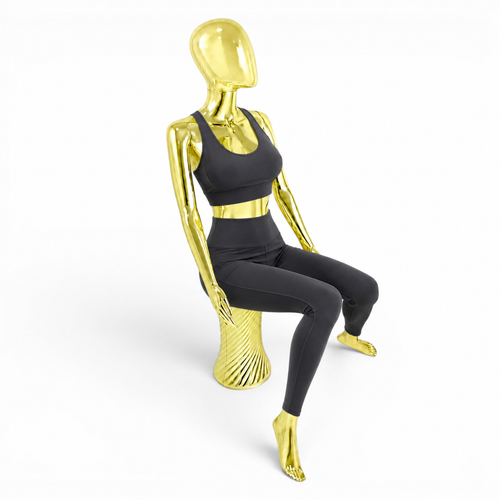 Gold Seated Female Mannequin with 45cm Stool and Movable Arms