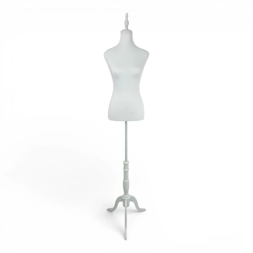 White Female Mannequin Torso with White Wooden Tripod Stand, full-height product view on a white background