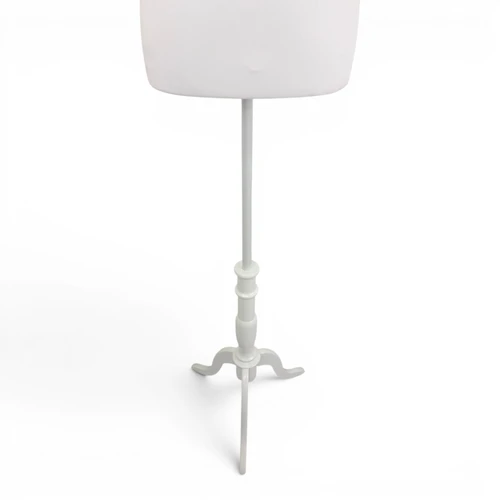 White Female Mannequin Torso with White Wooden Tripod Stand, full-height product view on a white background, full-height product photograph