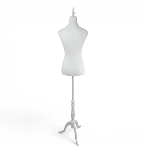 White Female Mannequin Torso with White Wooden Tripod Stand, full-height product view on a white background, open, centred square layout