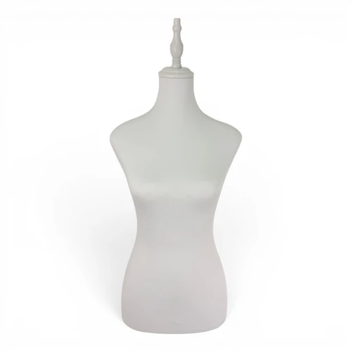 White Female Mannequin Torso with White Wooden Tripod Stand, full-height product view on a white background, balanced, centred square layout