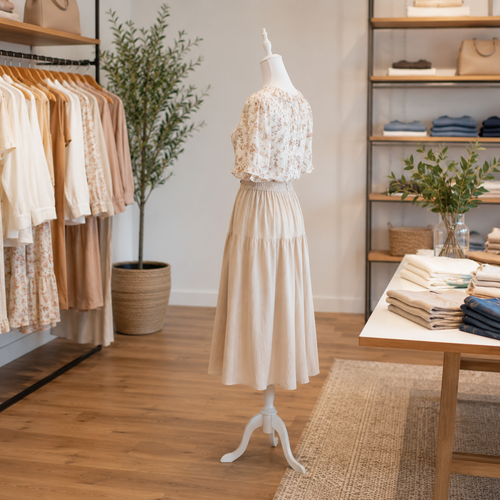 White Female Mannequin Torso with White Wooden Tripod Stand