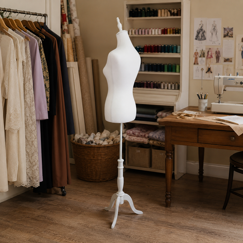 White Female Mannequin Torso with White Wooden Tripod Stand