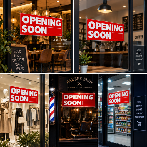 Opening Soon Poster 100cm x 35cm Red Retail Shop Window Sign, printed product shown against a dark background