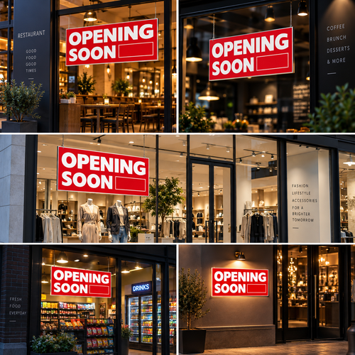 Opening Soon Poster 100cm x 35cm Red Retail Shop Window Sign, close product view against a dark background