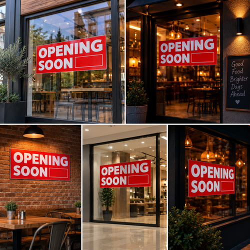 Opening Soon Poster 100cm x 35cm Red Retail Shop Window Sign, printed product shown against a dark background, standard product photograph