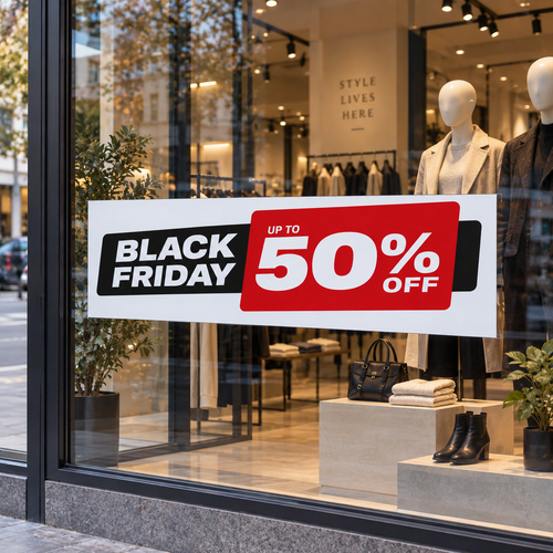 Black Friday up to 50% off poster in a fashion-shop window
