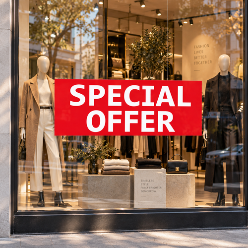 SPECIAL OFFER Poster 120cm x 40cm Red Retail Promotional Sale Sign, printed product shown against a coloured background, balanced, centred square layout