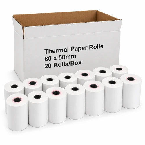 80mm x 50mm Thermal Till Receipt Paper Rolls - Box of 20, close product view on a white background, close product photograph