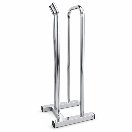Chrome hanger stacker stand shown from the side, highlighting its paired upright rails and base.