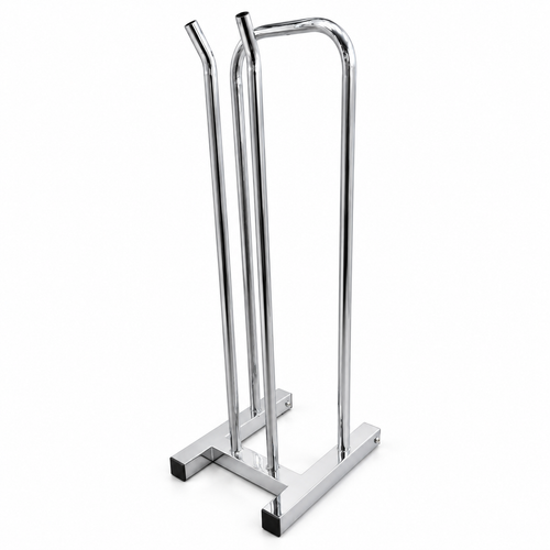 Chrome hanger stacker stand shown from an angled rear view with two upright rails and a rectangular base.