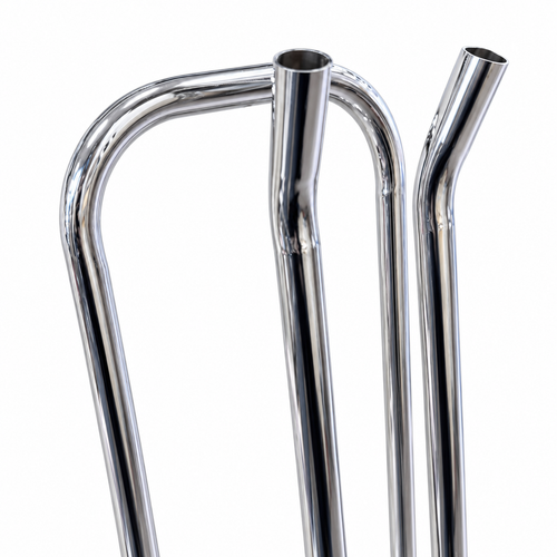 Close-up of the chrome hanger stacker stand's curved upper rails and hanger supports.