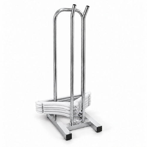 Chrome hanger stacker stand holding a bundle of white clothes hangers.