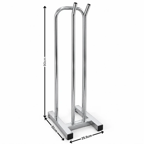 Chrome hanger stacker stand with dimension arrows shown beside the upright rails and rectangular base.