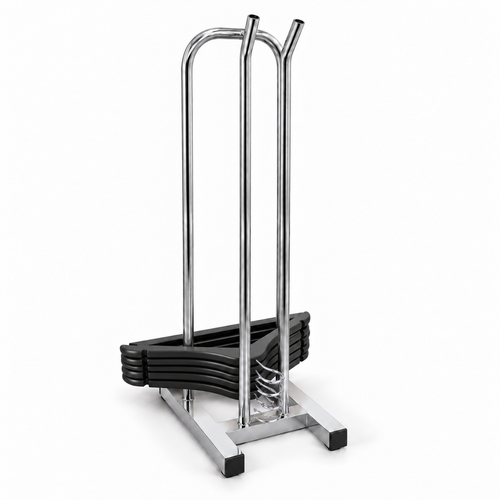 Chrome hanger stacker stand holding a bundle of black clothes hangers.