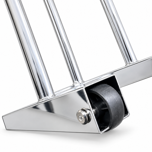Close-up of the chrome stand's angled base support, upright rails and black wheel.