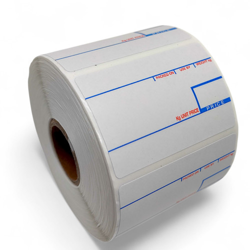 White thermal till roll at an angled side view, with the hollow cardboard core and printed blue and red lines visible.
