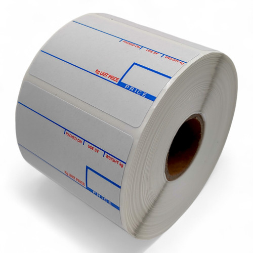 White thermal till roll with blue and red printed guide lines, shown at an angled view with the cardboard core visible.