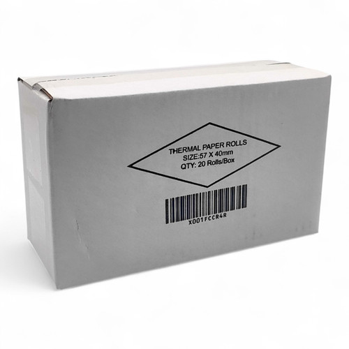 Closed white cardboard box of thermal paper rolls, shown with a printed barcode and handling label.