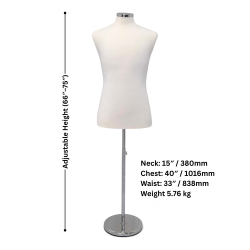Male Display Bust Tailors Dummy – Adjustable Height, Chrome Base, Cream