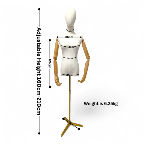 Luxury Female Dress Form with Wood Arms–Gold Stand, Adjustable, Tailor Mannequin