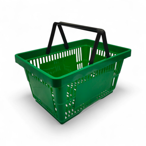 22L Green Plastic Shopping Basket –HDPE, Foldable Handles, Stackable Retail Use
