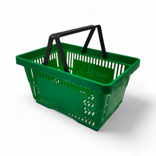 22L Green Plastic Shopping Basket –HDPE, Foldable Handles, Stackable Retail Use