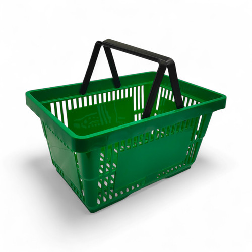 22L Green Plastic Shopping Basket –HDPE, Foldable Handles, Stackable Retail Use