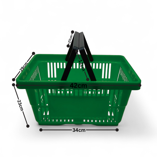 22L Green Plastic Shopping Basket –HDPE, Foldable Handles, Stackable Retail Use