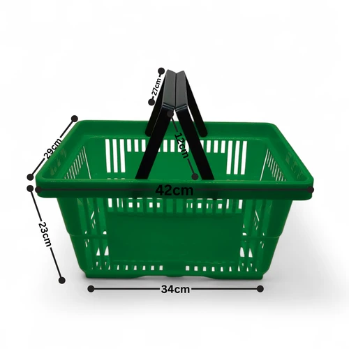 22L Green Plastic Shopping Basket, dimension guide on a white background