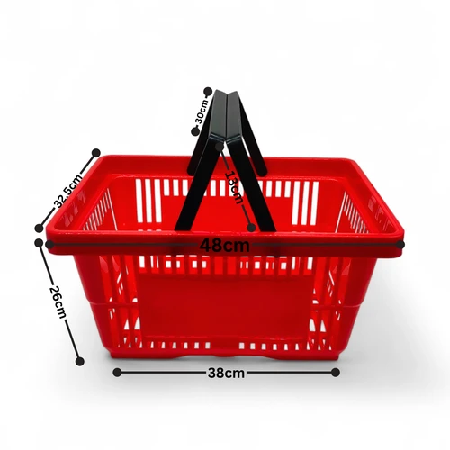 28L Red Retail Shopping Basket, dimension guide on a white background