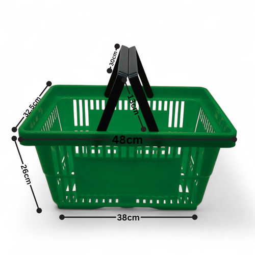 28L Green Retail Shopping Basket, dimension guide on a white background