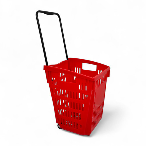 52L Red Plastic Trolley Basket w/ Wheels & Handle - Supermarket Retail Use