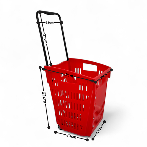 52L Red Plastic Trolley Basket w/ Wheels & Handle - Supermarket Retail Use, dimension guide on a white background
