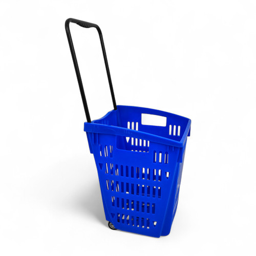 52L Blue Plastic Trolley Basket w/ Wheels & Handle - Supermarket Retail Use