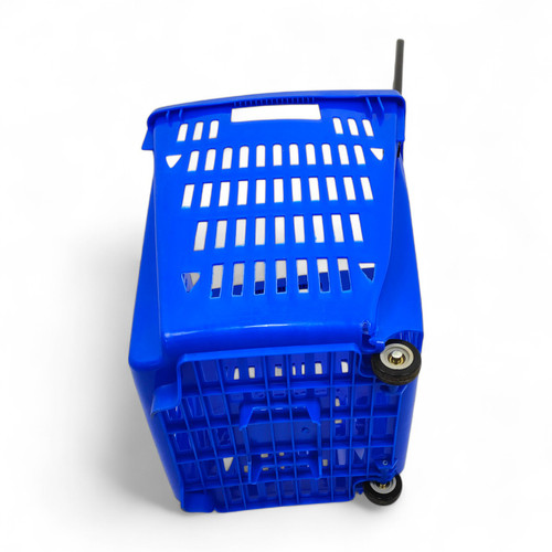 52L Blue Plastic Trolley Basket w/ Wheels & Handle - Supermarket Retail Use, product shown on a white background, evenly lit product image