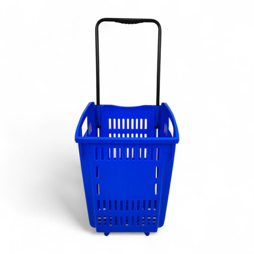 52L Blue Plastic Trolley Basket w/ Wheels & Handle - Supermarket Retail Use