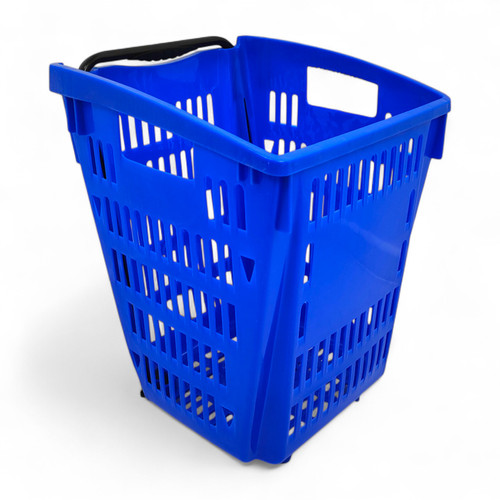 52L Blue Plastic Trolley Basket w/ Wheels & Handle - Supermarket Retail Use